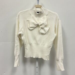 Sara Navon Bow Detail Ribbed Mock Neck Sweater Oversized Med White Contemporary